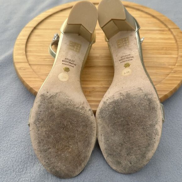 Stuart Weitzman Nearlynude Gem Buckle Sandal Block Heel Size 8.5 B Gold Formal - Picture 8 of 10